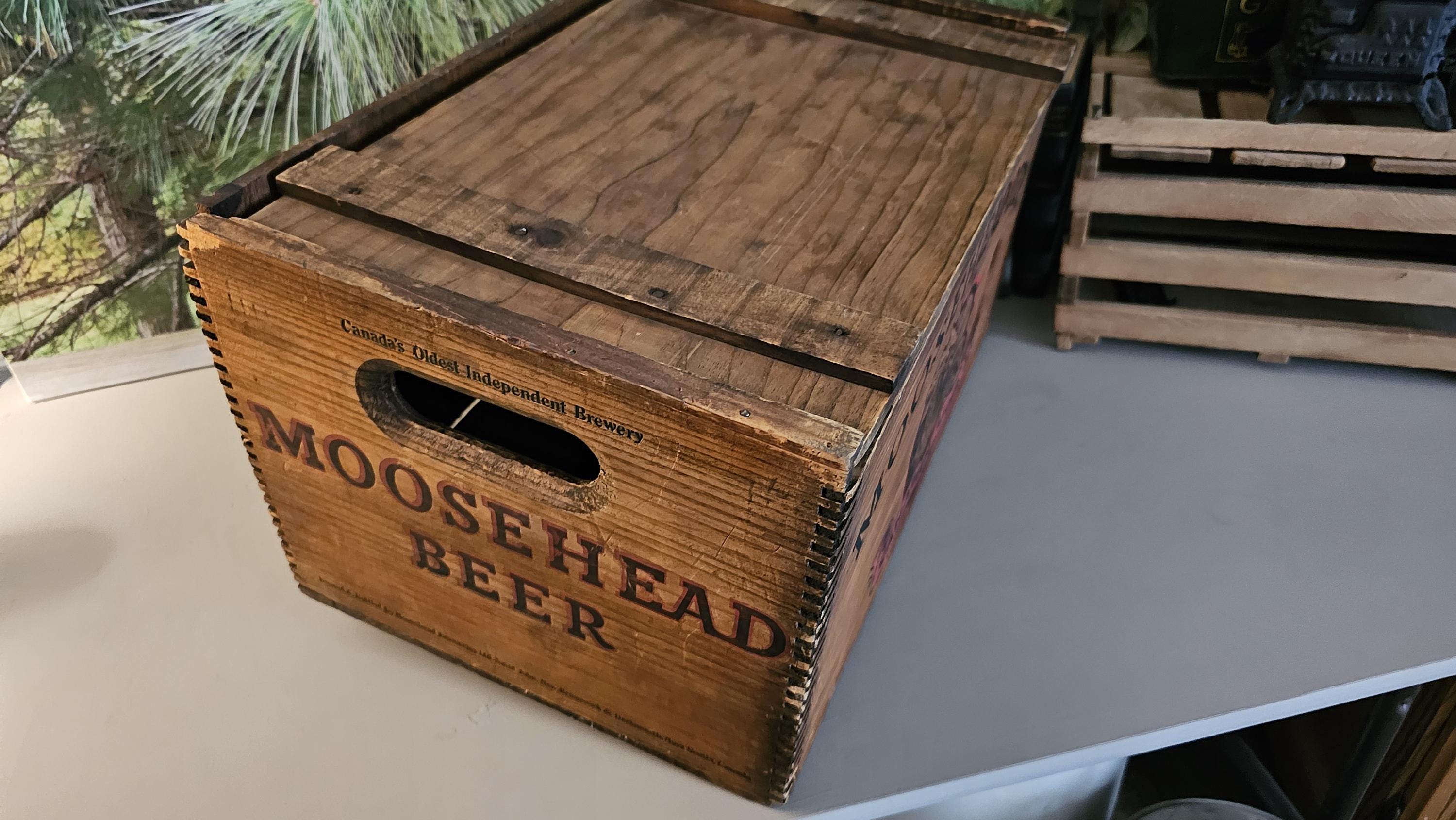 MOOSEHEAD BEER 木箱　アメリカンヴィンテージ Vintage Moosehead Canadian Lager Beer Crate Dovetail Wood