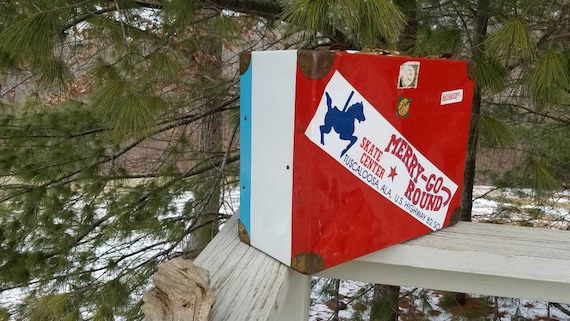 Red, White & Blue Metal Skate Case with Skates Me… - image 1