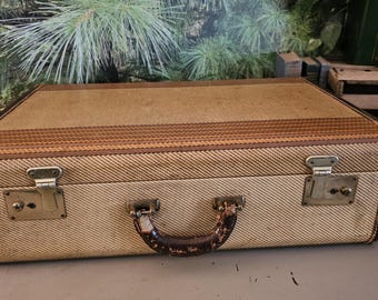 Medium Size 1940s Tweed Hard Side Suitcase Distressed Leather Handle #5244