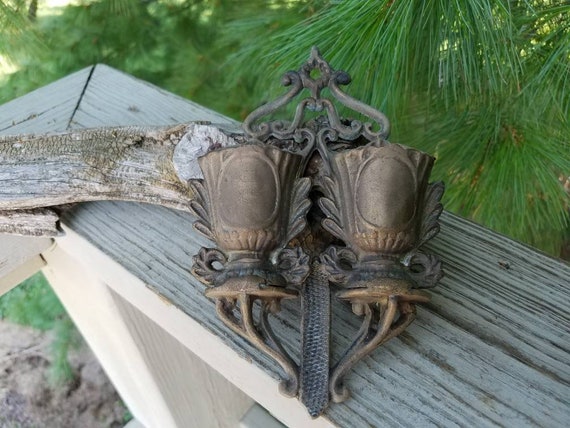 Brass Double Urn Match Safe Wall Mount Ornate Match Holder Fireplace Decor