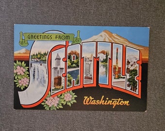 Unused Greetings From SEATTLE Linen Postcard Large Letters 3 1/2 X 5 1/2 Adams News Company  Postcard Collectible Ephemera Gift For Him