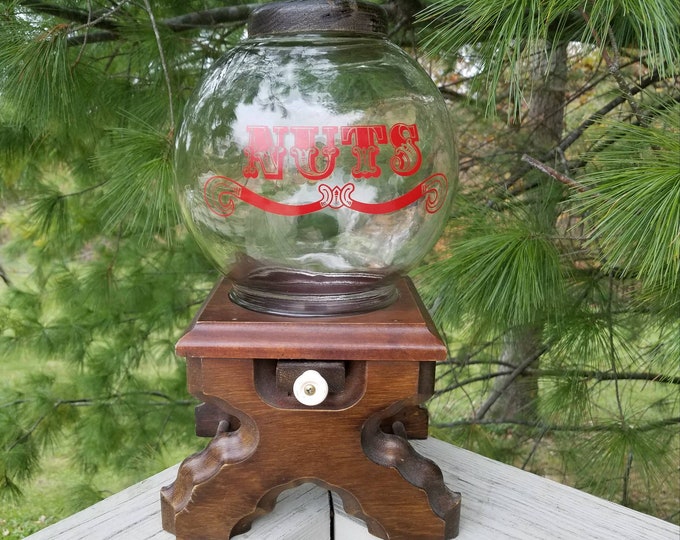 Nut Dispenser Glass Ball Jar & Wood Stand Etsy