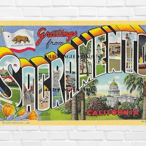 Téléchargement numérique grosses lettres salutations de SACRAMENTO CALIFORNIE Carte postale Carte postale numérique Art Scrapbooking Supply Carte Curt Teich des années 1940