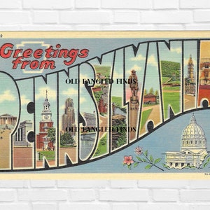 Digital Download Linen Postcard Greetings From PENNSYLVANIA Digital Americana Postcard Art Deco Craft Supply