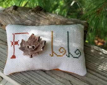 FALL Pillow Cross Stitch with Handmade Ceramic Maple Leaf Button, Autumn Bowl Filler, Cross Stitch Fall Pinkeep Ready To Ship!
