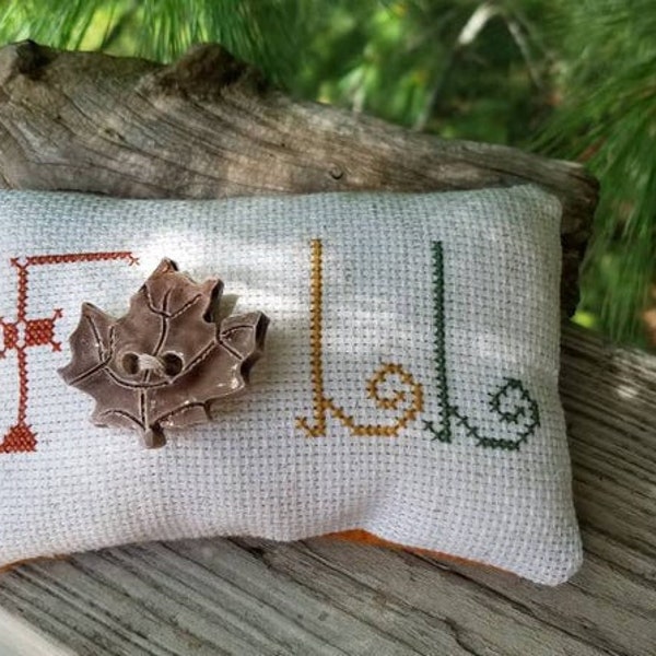 FALL Pillow Cross Stitch with Handmade Ceramic Maple Leaf Button, Autumn Bowl Filler, Cross Stitch Fall Pinkeep Ready To Ship!