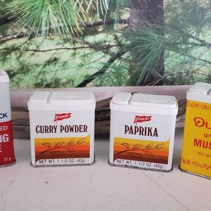 Assorted Brands Collectible Spice Tins, French's Paprika & Curry Powder, Durkee Ground Mustard, and McCormick Whole Pickling Spice #2996