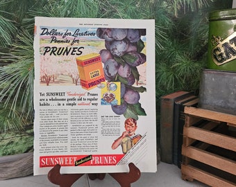 1930s SUNSWEET PRUNES Magazine Ad Kitchen Decor Frameable Wall Art Collectible Ephemera TV Prop