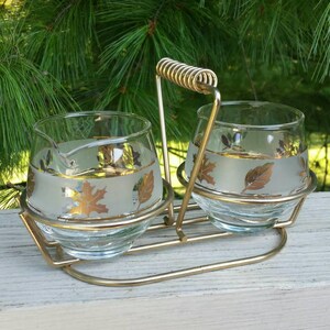 Mid Century Libbey Gold Leaf Cream & Sugar Set in Brass Tone Caddy Vintage Kitchenware