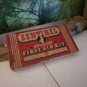 1940s Sentinel Metal First Aid Kit Red, Black & White Vintage and Anacin Tin Advertising Tin  Gift for Him  #3671