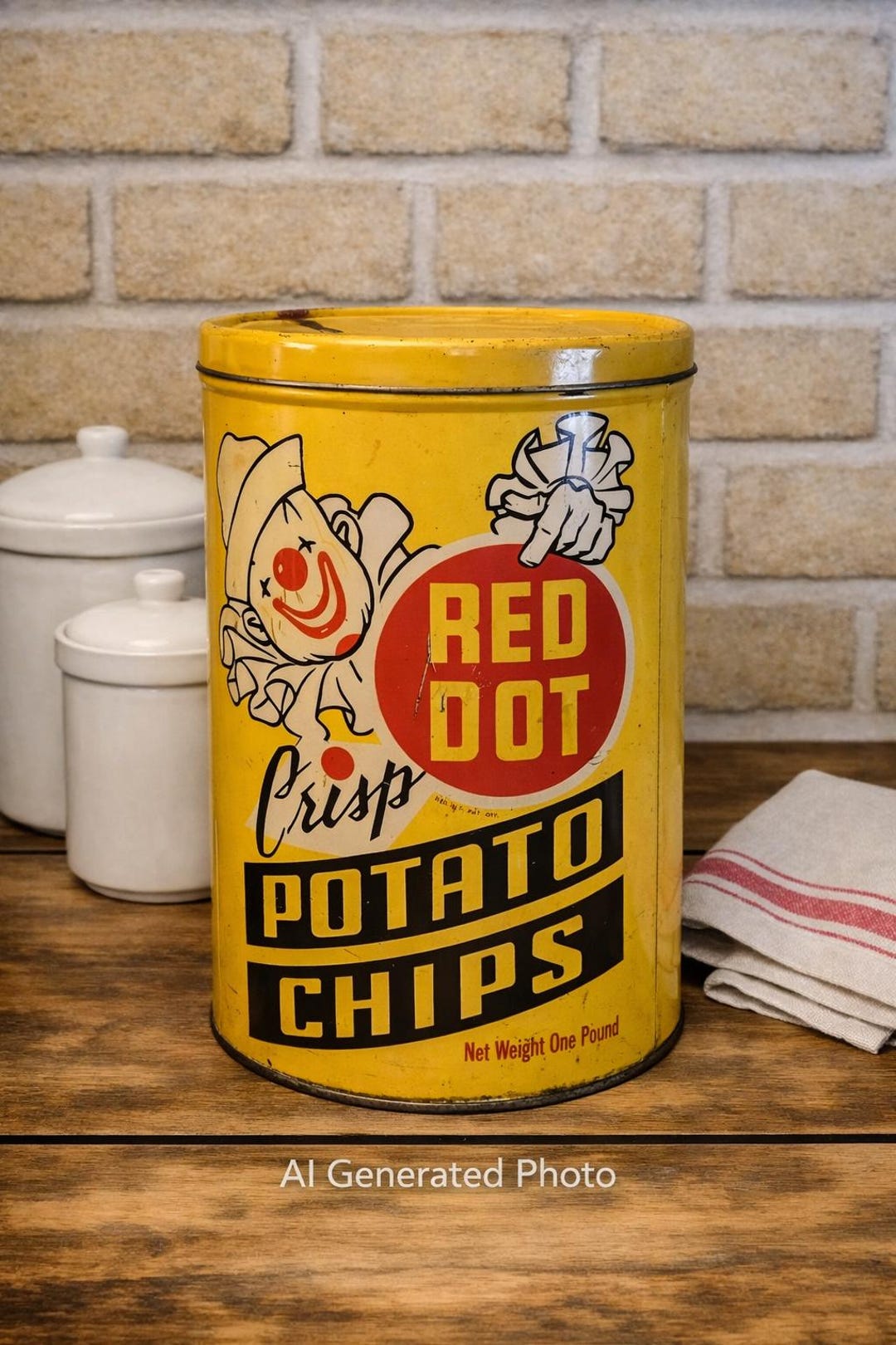 1950s Red Dot Potato Chip Tin, Vintage Clown Graphics, 1lb Can