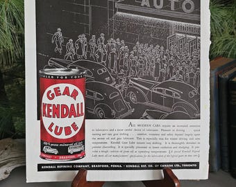 1937 KENDALL GEAR LUBE Ad The Saturday Evening Post Magazine Ad Antique Ephemera Art Deco Man Cave Decor