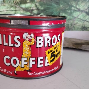 Hills Bros Coffee Can with Original Lid, 1950&#39;s Advertising Coffee Can Collectible Advertising Tin MCM Kitchen#2588