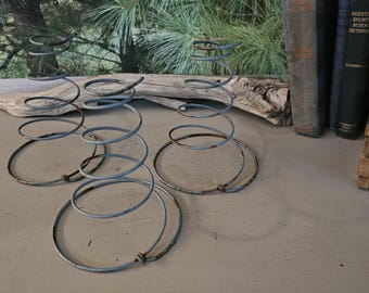 May include: Three vintage metal bed springs with a spiral design. The springs are a faded blue color with some rust. The background includes a piece of driftwood, green foliage, and old books.