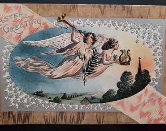 Unused Easter Greetings Antique Postcard with 2 Angels Vintage Embossed Postcard by The Rose Company Collectible Ephemera