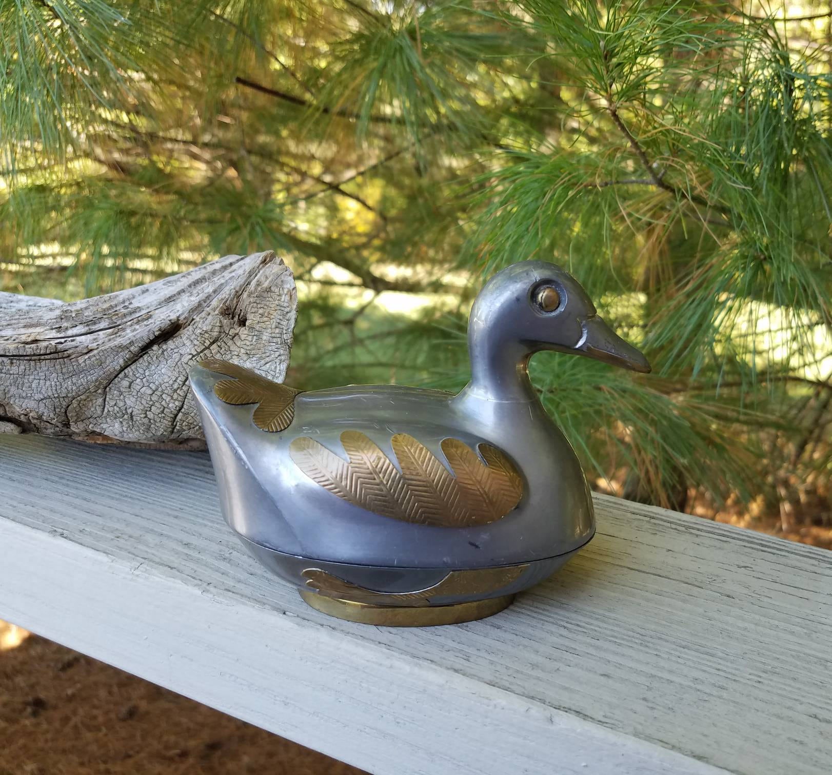Vintage trinket pin holder 置物　ハンド　小物入れ Pewter & Brass Duck 2 Piece Trinket Holder Vintage Duck Jewelry