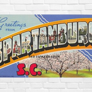 Download digital de letras grandes, saudações de SPARTANBURG SOUTH CAROLINA Curt Teich Cartão postal de linho / Cartão postal digital Art Déco Scrapbooking