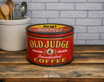 Old Judge Irradiated Coffee Tin with Lid Small Owl Logo Vintage Advertising   #4792