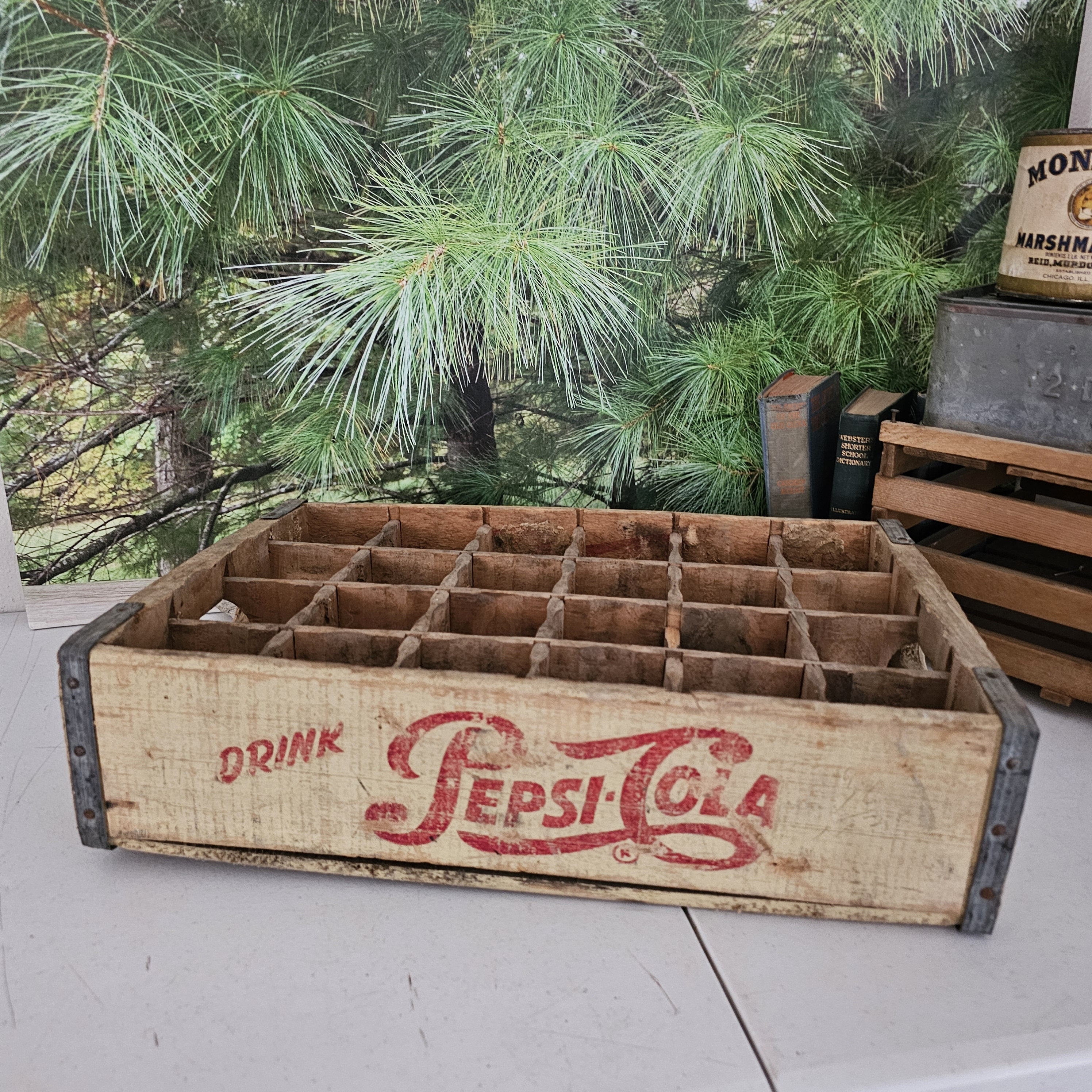 Vintage off White & Red 24 Slot Pepsi Crate Wood Rustic Box