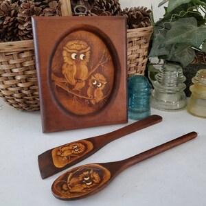 Owl Wood Wall Hanging Picture Plus Hand  Painted Spoon & Spatula 1976 / Kitschy Kitchen Decor #1482