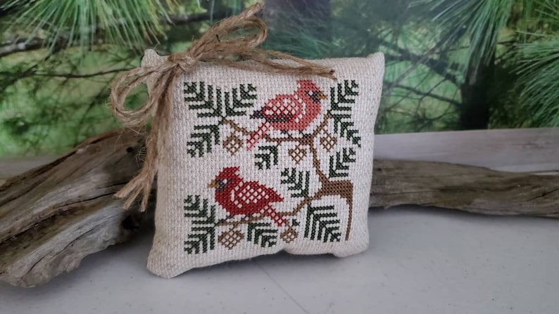 OldFangledFinds Cross Stitch Cardinals in Pine Boughs Pillow - Thumbnail 3