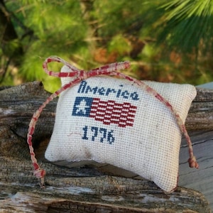 America 1776 Patriotic Flag Mini Pillow Cross Stitch Primitive Americana Home Decor Bowl Filler Shelf Sitter Ready To Ship!