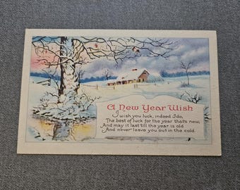 Antique A New Year Wish Postcard Cabin In The Snow Collectible Ephemera