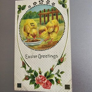 Antique Easter Greetings Postcard Yellow Chicks Eating In Farmyard Printed In Germany Embossed Collectible Ephemera