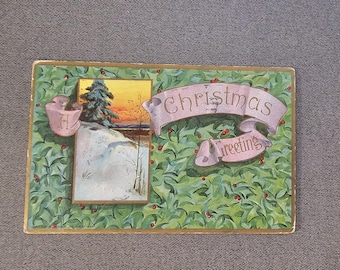 Embossed Vintage Christmas Postcard: Holly & Cottage Scene, 1913