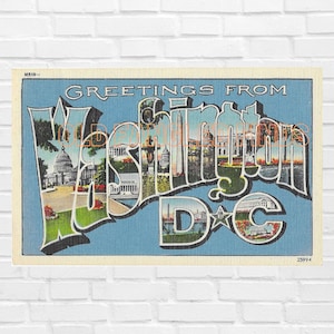 Téléchargement numérique SALUTATIONS de WASHINGTON, D C des années 1940, carte postale en lin imprimable recto/verso, fournitures de scrapbooking, art mural