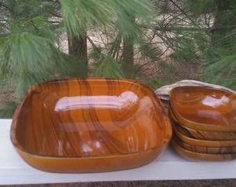 5 Piece Serving Bowl - Popcorn Bowl - Salad Bowl Set / Retro 5 Piece Faux Wood Snack Bowl Set