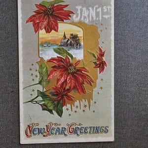 Poinsettias New Year Greetings Embossed Vintage Postcard Paper Ephemera Collectible