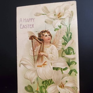 A HAPPY EASTER Vintage Postcard Angel Playing a Harp Antique Collectible Postcard Ephemera B. W. Printed in Germany