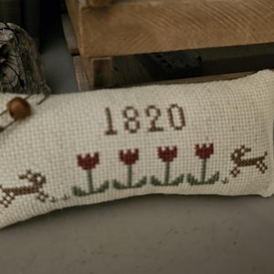Primitive 1820 Sampler Cupboard Tuck with Bunnies and Flowers Completed Cross Stitch