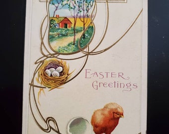 Vintage Easter Greetings Postcard: Chick, Nest & Cottage Scene