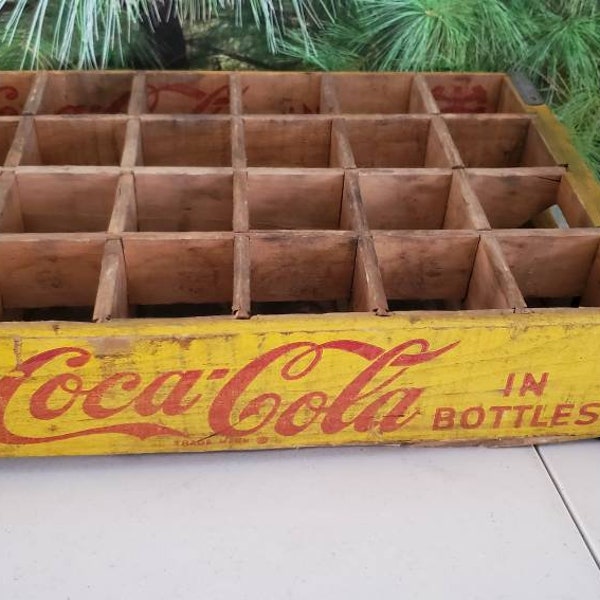 1960s Drink Coca Cola 24 Slot Crate Yellow & Red Wood with Metal Straps Art Storage Crate  #2559