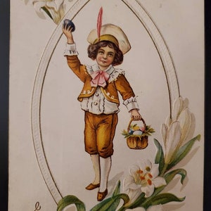 Easter Greetings Antique Postcard with Boy Finding Easter Eggs Vintage Embossed Holiday Postcard
