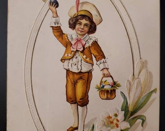 Easter Greetings Antique Postcard with Boy Finding Easter Eggs Vintage Embossed Holiday Postcard