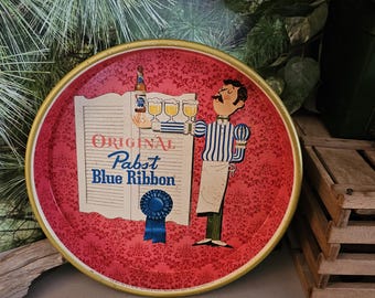 希少品！ Pabst Blue Ribbon パブスト ブルー リボン 茶額縁 Vintage 1960s Pabst Blue Ribbon Metal Bar Tray, Man Holding Beer
