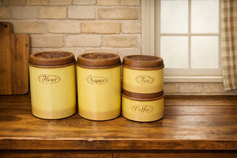 May include: A set of four cylindrical kitchen canisters in a pale yellow finish with dark brown textured lids. The canisters are labeled with cursive text reading Flour, Sugar, Tea, and Coffee, each enclosed in an oval decorative border.