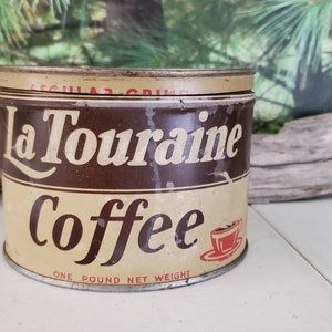 LaTouraine Coffee Can with Original Lid with Coffee Cup Saucer Graphics,  Antique Advertising Coffee Can 1 LB  #2541