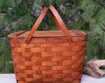 Vintage Woven Splint Wood Picnic Basket with Plates & Cups