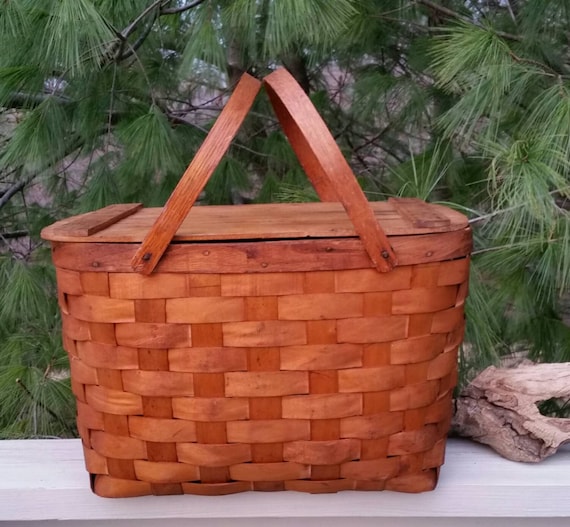 その他 vintage wood picnic basket Vintage Woven Splint Wood Picnic Basket With Plates & Cups - Etsy