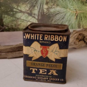 White Ribbon Brand Orange Pekoe Tea Tin by Krenning - Schlapp Grocer Co. Cardboard & Metal 1930s  #2379