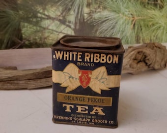 White Ribbon Brand Orange Pekoe Tea Tin by Krenning - Schlapp Grocer Co. Cardboard & Metal 1930s  #2379