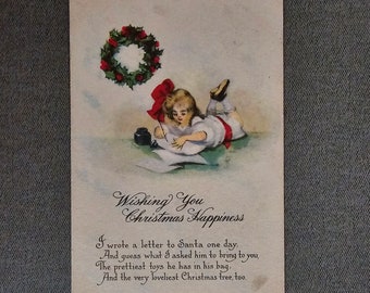 Wishing You A Merry Christmas Postcard Girl Writing A Letter To Santa Collectible Ephemera