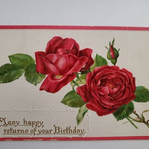 Antique Postcard Birthday Greetings, Red Rose Birthday Postcard, Printed in Germany, Collectible Ephemera