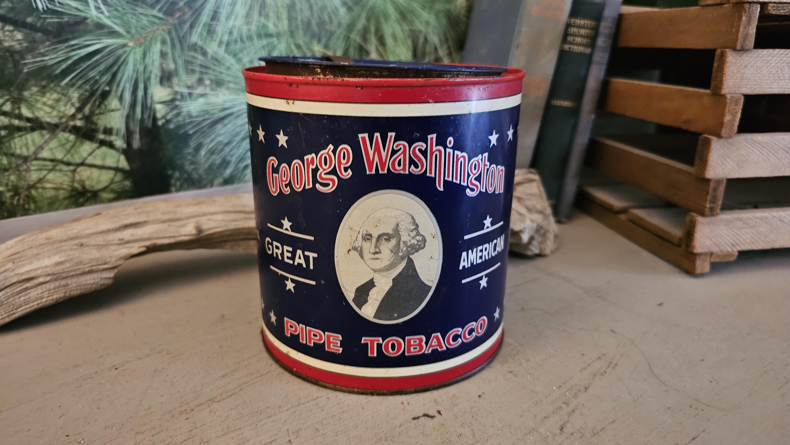 george washington pipe tobacco tin Vintage Blue Tins - Great American Tobacco - Antique Cylinder Container George Washington  The Center