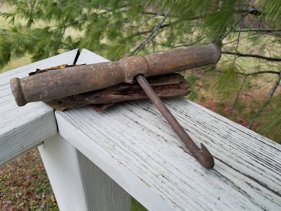 Old Rustic Forged Hay Hook With Wood Handle / Vintage Farm Tool