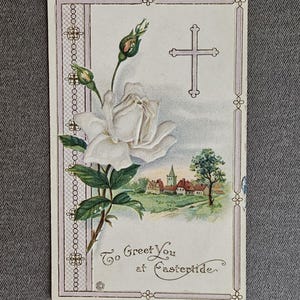 To Greet You At Eastertide Cross, White Rose, Country Scene Antique Raphael Tuck Postcard Embossed Collectible Ephemera
